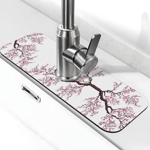 Kirschblüten-Baum-Druck-Stein-Wasserhahn-Matte für Küchenspüle, Kieselgur-saugfähige Matte, Wasserhahn-Spritzschutz für Badezimmer und Küche (38,1 x 14 cm) von EZDLOWVBA