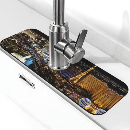 Las Vegas Nachtansicht Druck Stein Wasserhahn Matte für Küchenspüle, Kieselgur-saugfähige Matte, Wasserhahn-Spritzschutz für Badezimmer Küche (38,1 x 14 cm) von EZDLOWVBA