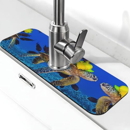 Meeresschildkröte mit Fisch-Aufdruck, Stein-Wasserhahn-Matte für Küchenspüle, Kieselgur-saugfähige Matte, Wasserhahn-Spritzschutz für Badezimmer, Küche (38,1 x 14 cm) von EZDLOWVBA