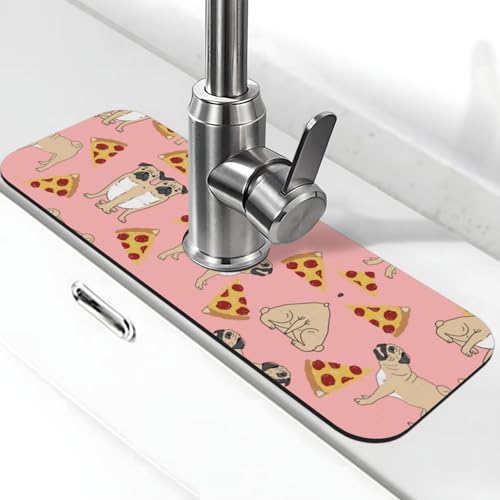 Mops Pizza Pink Print Stein Wasserhahn Matte für Küchenspüle, Kieselgur-saugfähige Matte, Wasserhahn-Spritzschutz für Badezimmer Küche (38,1 x 14 cm) von EZDLOWVBA