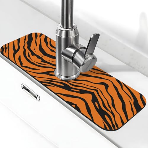 Orange Tiger Leopard Print Stein Wasserhahn Matte für Küchenspüle, Kieselgur-saugfähige Matte, Wasserhahn-Spritzschutz für Badezimmer Küche (38,1 x 14 cm) von EZDLOWVBA