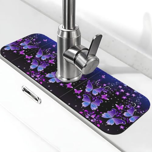 Schöne leuchtende Schmetterlings-Druck-Stein-Wasserhahn-Matte für Küchenspüle, Kieselgur-saugfähige Matte, Wasserhahn-Spritzschutz für Badezimmer und Küche (38,1 x 14 cm) von EZDLOWVBA