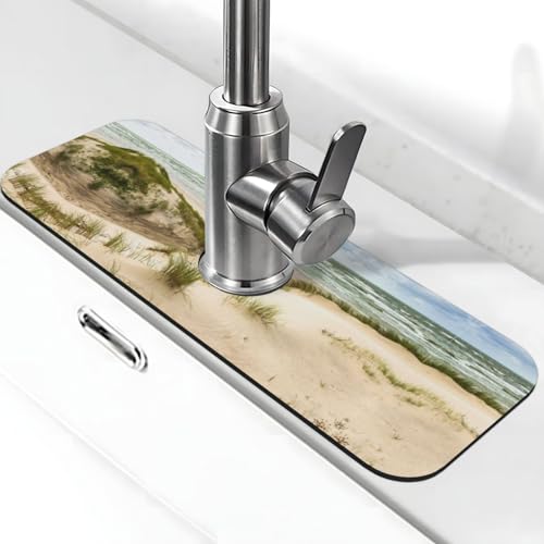 Seaside Grand Tidal Print Stone Wasserhahn Matte für Küchenspüle, Kieselgur-saugfähige Matte, Wasserhahn-Spritzschutz für Badezimmer Küche (38,1 x 14 cm) von EZDLOWVBA