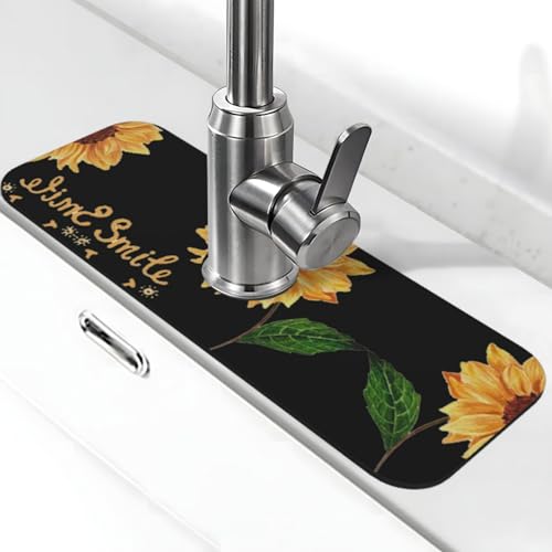 Smile Face Sonnenblumen-Druck Stein Wasserhahn Matte für Küchenspüle, Kieselgur-saugfähige Matte, Wasserhahn-Spritzschutz für Badezimmer Küche (38,1 x 14 cm) von EZDLOWVBA