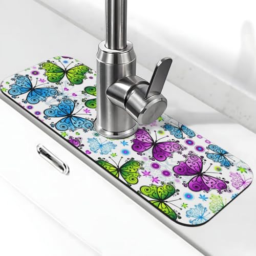 Spring Colorful Butterfly Print Stone Wasserhahn Matte für Küchenspüle, Kieselgur-saugfähige Matte, Wasserhahn-Spritzschutz für Badezimmer Küche (38,1 x 14 cm) von EZDLOWVBA