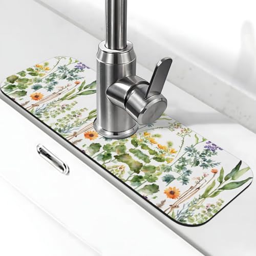 Springtime Herb Garden Print Stone Wasserhahn Matte für Küchenspüle, Kieselgur-saugfähige Matte, Wasserhahn-Spritzschutz für Badezimmer Küche (38,1 x 14 cm) von EZDLOWVBA