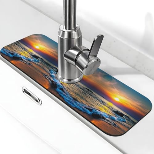 Strand- und Sonnenuntergang-Druck-Stein-Wasserhahn-Matte für Küchenspüle, Kieselgur-saugfähige Matte, Wasserhahn-Spritzschutz für Badezimmer, Küche (38,1 x 14 cm) von EZDLOWVBA