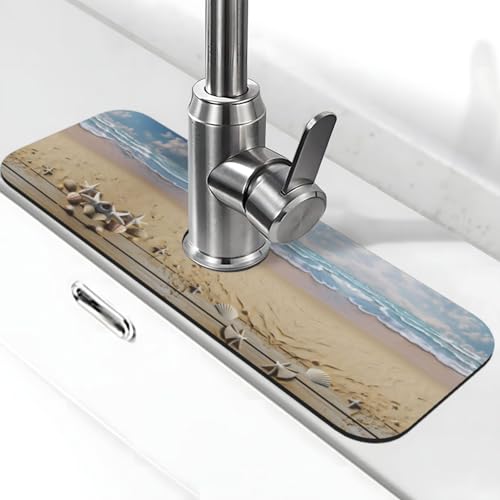 Strandsand-Druck-Stein-Wasserhahn-Matte für Küchenspüle, Kieselgur-saugfähige Matte, Wasserhahn-Spritzschutz für Badezimmer und Küche (38,1 x 14 cm) von EZDLOWVBA