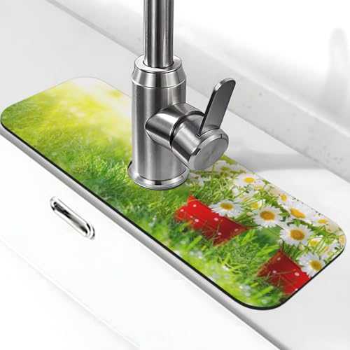 Summer Floral Flowers Daisies Print Stone Wasserhahn Matte für Küchenspüle, Kieselgur-saugfähige Matte, Wasserhahn-Spritzschutz für Badezimmer Küche (38,1 x 14 cm) von EZDLOWVBA