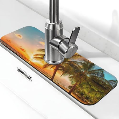 Sunset Hawaiian Palm Tree Print Stone Wasserhahn Matte für Küchenspüle, Kieselgur-saugfähige Matte, Wasserhahn-Spritzschutz für Badezimmer Küche (38,1 x 14 cm) von EZDLOWVBA