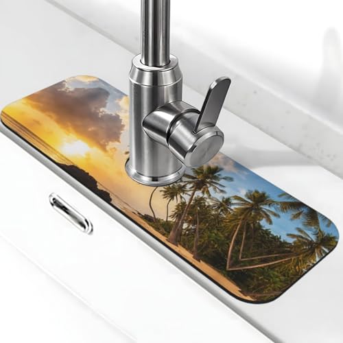 Sunset Hawaiian Palm Tree Print Stone Wasserhahn Matte für Küchenspüle, Kieselgur-saugfähige Matte, Wasserhahn-Spritzschutz für Badezimmer Küche (38,1 x 14 cm) von EZDLOWVBA