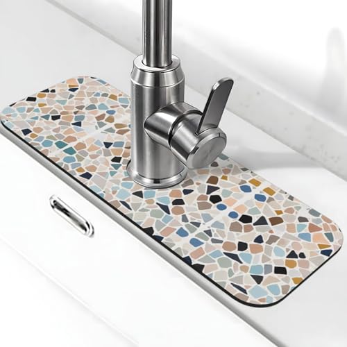Terrazzo Marmor-Wasserhahn-Matte mit Pastell-Druck, Stein-Wasserhahn-Matte für Küchenspüle, Kieselgur-saugfähige Matte, Wasserhahn-Spritzschutz für Badezimmer, Küche (38,1 x 14 cm) von EZDLOWVBA