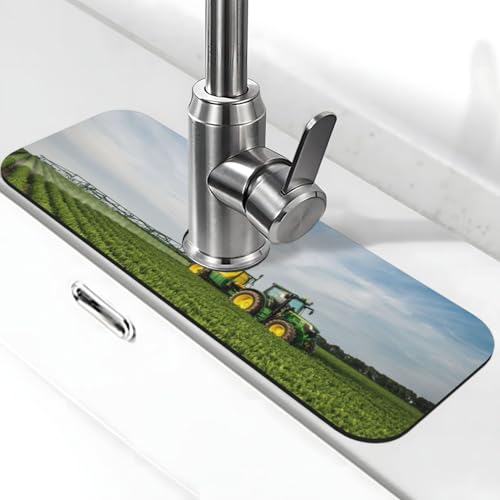 Traktor Bauernhof Druck Stein Wasserhahn Matte für Küchenspüle, Kieselgur-saugfähige Matte, Wasserhahn-Spritzschutz für Badezimmer Küche (38,1 x 14 cm) von EZDLOWVBA