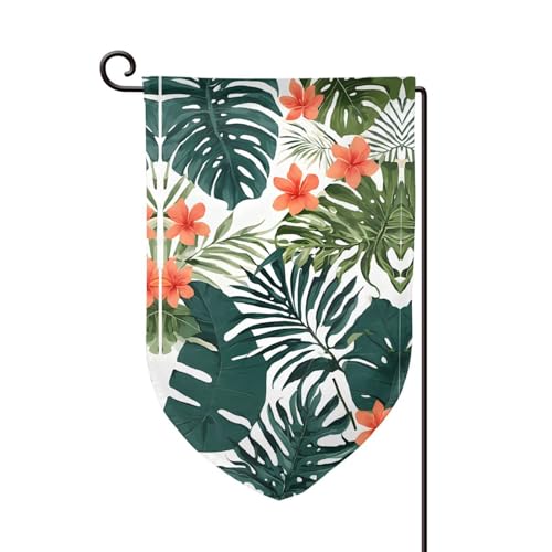 Tropische Sommer-Hawaii-Blumen-Palmenblätter, doppelseitig, Premium-Gartenflagge, Gartenflaggen für Heimdekoration, wetterbeständig und doppelt genäht, 45,7 x 32,8 cm von EZDLOWVBA