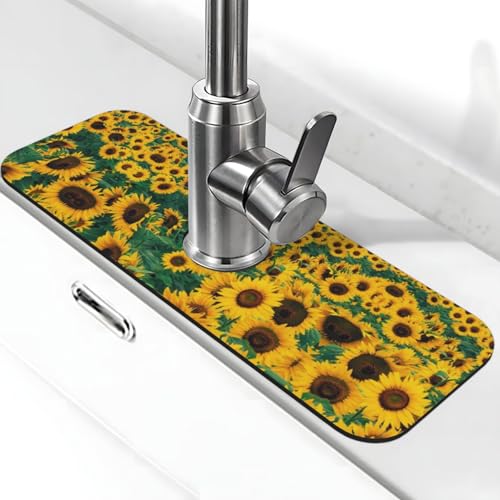 Viele schöne Sonnenblumen-Druckstein-Wasserhahn-Matte für Küchenspüle, Kieselgur-saugfähige Matte, Wasserhahn-Spritzschutz für Badezimmer und Küche (38,1 x 14 cm) von EZDLOWVBA