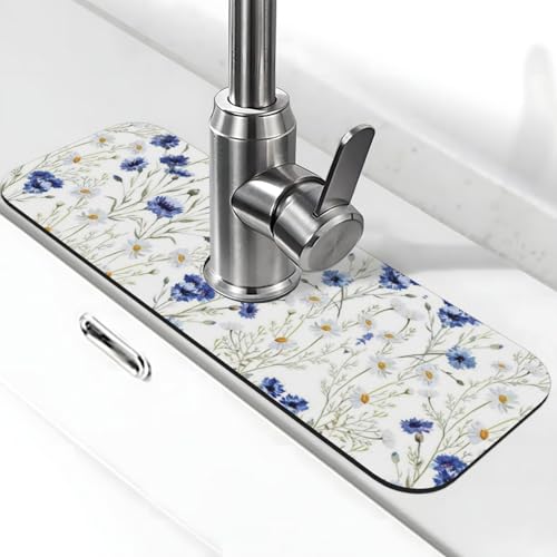 Wasserhahn-Matte mit Blumen und Kornblumen, Gänseblümchen, Stein-Wasserhahn-Matte für Küchenspüle, Kieselgur-saugfähige Matte, Wasserhahn-Spritzschutz für Badezimmer und Küche (38,1 x 14 cm) von EZDLOWVBA