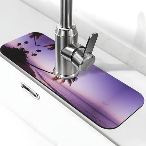Wasserhahn-Matte mit Kokosnussbaum-Druck, Stein-Wasserhahn-Matte für Küchenspüle, Kieselgur-saugfähige Matte, Wasserhahn-Spritzschutz für Badezimmer, Küche (38,1 x 14 cm) von EZDLOWVBA