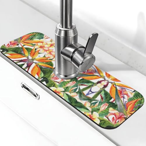 Wasserhahn-Matte mit buntem Blumendruck, Stein-Wasserhahn für Küchenspüle, Kieselgur-saugfähige Matte, Wasserhahn-Spritzschutz für Badezimmer, Küche (38,1 x 14 cm) von EZDLOWVBA