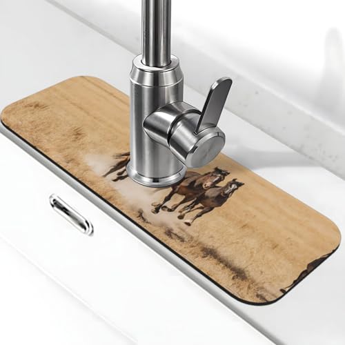 Wasserhahn-Matte mit drei laufenden Pferden, Stein-Wasserhahn-Matte für Küchenspüle, Kieselgur-saugfähige Matte, Wasserhahn-Spritzschutz für Badezimmer und Küche (38,1 x 14 cm) von EZDLOWVBA