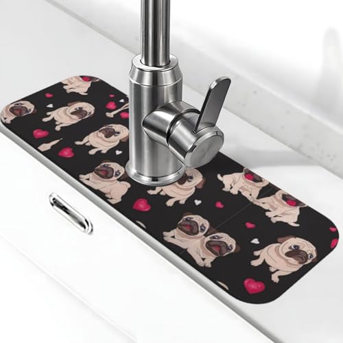 Wasserhahn-Matte mit niedlichem Mops-Aufdruck, Stein-Wasserhahn-Matte für Küchenspüle, Kieselgur-saugfähige Matte, Wasserhahn-Spritzschutz für Badezimmer und Küche (38,1 x 14 cm) von EZDLOWVBA