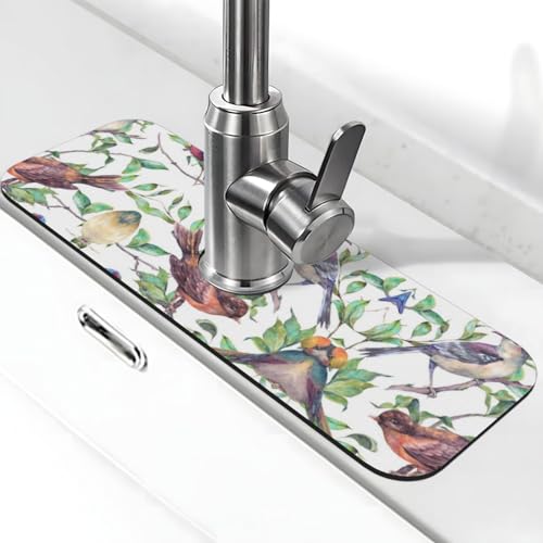 Wasserhahn-Matte mit niedlichem Vogeldruck, Stein-Wasserhahn-Matte für Küchenspüle, Kieselgur-saugfähige Matte, Wasserhahn-Spritzschutz für Badezimmer und Küche (38,1 x 14 cm) von EZDLOWVBA