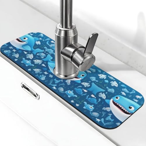 Wasserhahn-Matte mit süßem blauen Fischdruck für Küchenspüle, Kieselgur-saugfähige Matte, Wasserhahn-Spritzschutz für Badezimmer und Küche (38,1 x 14 cm) von EZDLOWVBA