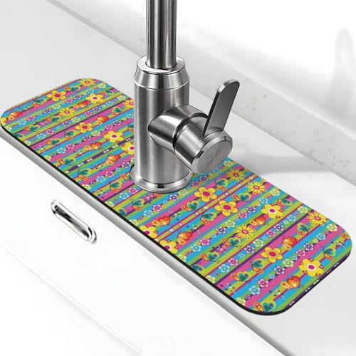 Wasserhahnmatte mit Blumen und Schmetterlingen, Stein-Wasserhahn-Matte für Küchenspüle, Kieselgur-saugfähige Matte, Wasserhahn-Spritzschutz für Badezimmer und Küche (38,1 x 14 cm) von EZDLOWVBA