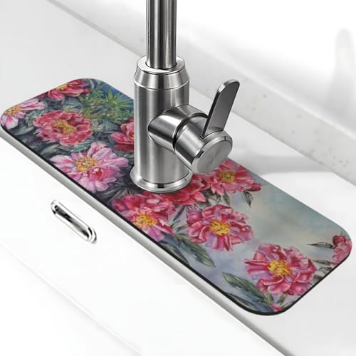 Wasserhahnmatte mit Frühlingsblumen-Druck, Stein-Wasserhahn-Matte für Küchenspüle, Kieselgur-saugfähige Matte, Wasserhahn-Spritzschutz für Badezimmer und Küche (38,1 x 14 cm) von EZDLOWVBA