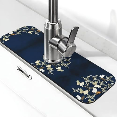 Wasserhahnmatte mit Metallic-Schmetterlings-Aufdruck, Stein-Wasserhahn-Matte für Küchenspüle, Kieselgur-saugfähige Matte, Wasserhahn-Spritzschutz für Badezimmer und Küche (38,1 x 14 cm) von EZDLOWVBA