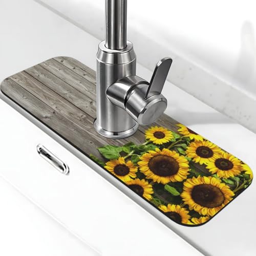Wasserhahnmatte mit Pflanzenmotiv und Sonnenblumen-Druck, Stein-Wasserhahn-Matte für Küchenspüle, Kieselgur-saugfähige Matte, Wasserhahn-Spritzschutz für Badezimmer und Küche (38,1 x 14 cm) von EZDLOWVBA