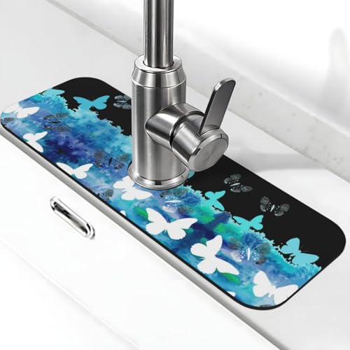 Wasserhahnmatte mit Schmetterlings-Aufdruck, Stein-Wasserhahn-Matte für Küchenspüle, Kieselgur-saugfähige Matte, Wasserhahn-Spritzschutz für Badezimmer und Küche (38,1 x 14 cm) von EZDLOWVBA