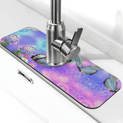Wasserhahnmatte mit buntem Schmetterlings-Druck, Stein-Wasserhahn-Matte für Küchenspüle, Kieselgur-saugfähige Matte, Wasserhahn-Spritzschutz für Badezimmer, Küche (38,1 x 14 cm) von EZDLOWVBA