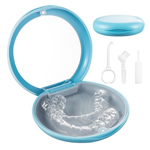 Magnetische kieferorthopädische Halterungsbox mit Spiegel und strukturiertem Silikonfutter, Zahnersatz-Mundschutzbox, Behälter für falsche Zähne, Zahnmundschale, Aligner – Blau von EZEELAI