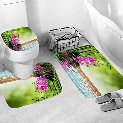 Badezimmer Vorleger 3-Teiliges Lila Orchidee Und Zen Stein Badteppiche Die Badematte Waschbar Badematte Matten Sets Saugfähige Teppich Badteppiche Toilettensitzbezug Mat U-Förmige Matte(45X75 Cm) von EZEZWSNBB