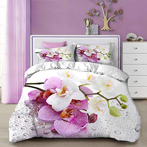 EZEZWSNBB 3D Bettbezug Set 200x200 cm Lila Orchidee Mikrofaser Bettwäsche Set 3 Stück - Reißverschluss Bettbezug x1 und Kissenbezug x2 Betten Schlafzimmer Erwachsener Kinder von EZEZWSNBB