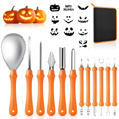 EZGETOP Halloween Kürbis Schnitzset, 22 Stück Edelstahl Kürbis Schnitzwerkzeug, Kürbis-Carving-Set DIY Dekoration mit Tragetasche und 10 Kürbis Schnitzen Schablone von EZGETOP