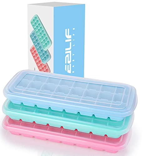 Ezilif Eiswürfelform Silikon mit Deckel 24-Fach 3er Pack, Eiswürfelformen Mit Deckel Ice Cube Tray LFGB Zertifiziert Eiswürfelschalen BPA Frei Eiswürfel einfach Herauszunehmen Blau/Pink/Grün von Ezilif