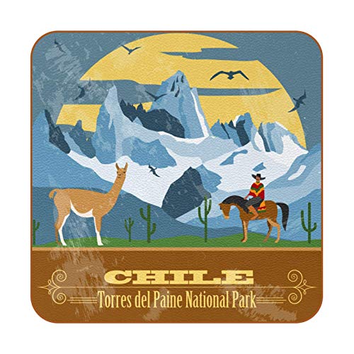 Retro Chile Sehenswürdigkeiten Cowboy Llama, PU-Leder Untersetzer für Getränke, 6 Stück, quadratische Getränkeuntersetzer Tassen Platzsets für Zuhause oder Bar, Einweihungsgeschenk von EZIOLY