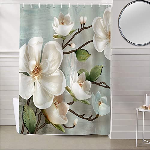 EZON-CH Duschvorhänge für Badezimmer, Frühlingsmagnolie, weiße Blume, Vintage-Duschvorhang-Set, Polyester, wasserdichter Stoff, Badvorhang mit Haken für Zuhause, Hotel, Wohnung, Bauernhaus, 183 x 213 von EZON-CH