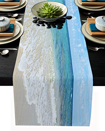 Tischläufer, Ozeanküste Strand blau weiß Meer Wellen verträumter blauer Himmel Wolken Polyester Tischläufer Kommode Schals, waschbares Bauernhaus rechteckige Tischdekoration für Brunches Abendessen, von EZON-CH
