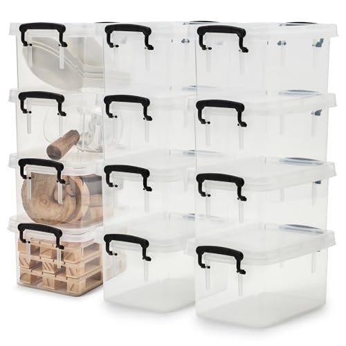 EZOWARE 0.7L Durchsichtige Aufbewahrungsbox mit Deckel, 12 Stück Stapelbar Transparent Kunststoff Aufbewahrungsbehälter Plastikbox Organizer mit Griffe und Verschlussclips - 15x10.5x8cm von EZOWARE