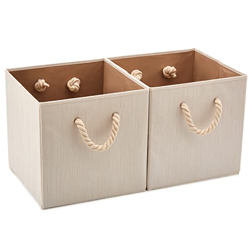 EZOWARE 2-er Set Baumwolle Faltbare Cube Aufbewahrungsbox, Faltbox Organizer Aufbewahrungskorb ohne Deckel mit Starken Griffen für Kleiderschrank, Kinderzimmer (33X33X33cm Beige) von EZOWARE