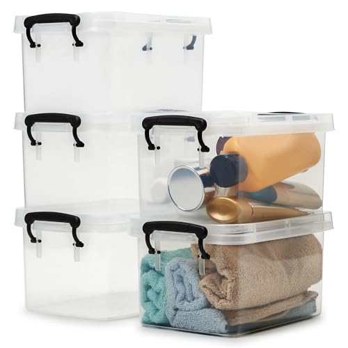 EZOWARE 2.6L Durchsichtige Aufbewahrungsbox mit Deckel, 5 Stück Stapelbar Transparent Kunststoff Aufbewahrungsbehälter Plastikbox Organizer mit Griffe und Verschlussclips - 23x16x12cm von EZOWARE