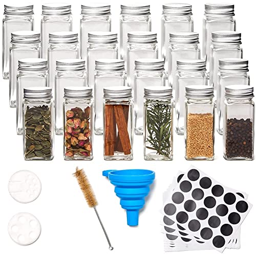 EZOWARE 24 Stück Gewürzgläser Eckig Set, 120ml Gewürzglas mit Streueinsatz, Gewürzstreuer Glas Quadratische mit Luftdichte Kappe, Tafel & Etikett, Shaker-Einsatzoberteile und Breiter Trichter von EZOWARE