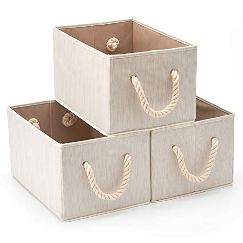 EZOWARE 3er-Pack Baumwolle Aufbewahrungskörbe, Faltbare Aufbewahrungsboxen mit stabilen Griffen für Schrank, Kinderzimmer, Spielzeug, Zuhause ( 37 x 25.5 x 21 cm, Beige ) von EZOWARE