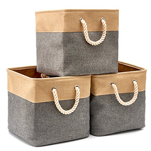 EZOWARE 3er-Set Faltbare Stoff Aufbewahrungsbox aus Leinen, Aufbewahrungskörbe mit Griffen für Schrank, Kinderzimmer, Spielzeug, 33 x 33 x 33 cm / Grau und Beige von EZOWARE