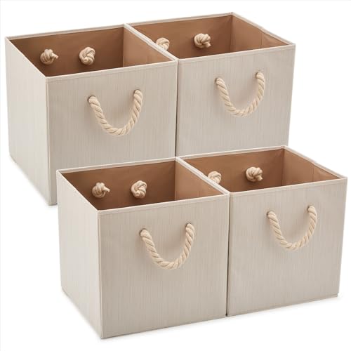 EZOWARE 4-er Set Baumwolle Faltbare Cube Aufbewahrungsbox, Faltbox Organizer Aufbewahrungskorb ohne Deckel mit Starken Griffen für Kleiderschrank, Kinderzimmer (33X33X33cm Beige) von EZOWARE