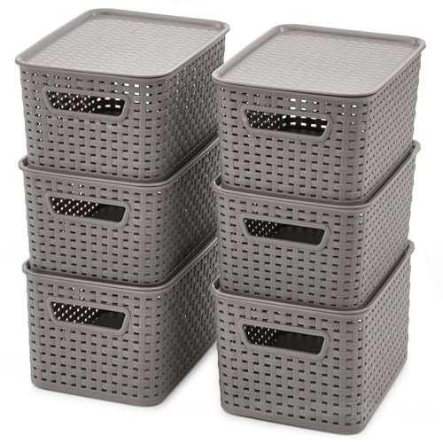 EZOWARE 6er-Pack 6L Aufbewahrungskörbe mit Kunststoffdeckel, Aufbewahrungsbox mit Deckel für Küche, Kleiderschrank, Schrank – 28 x 18,5 x 13 cm/Grau von EZOWARE