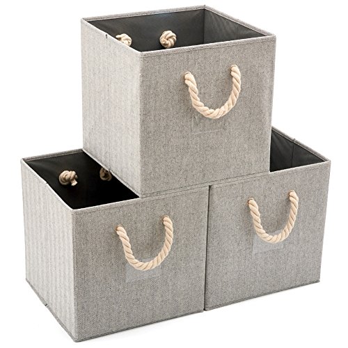 EZOWare 3-er Set Baumwolle Faltbare Cube Aufbewahrungsbox, Faltbox Organizer Aufbewahrungskorb ohne Deckel mit Starken Griffen für Kleiderschrank, Kinderzimmer (33X33X33cm Grau) von EZOWARE