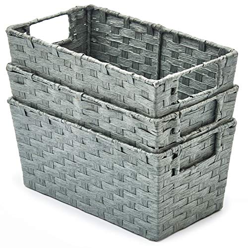 EZOWARE Aufbewahrungskorb, 3er Set aus gewebtem Papierseil, Aufbewahrungsboxen für Accessoires Schminke - 30 x 17 x 14 cm, Grau von EZOWARE